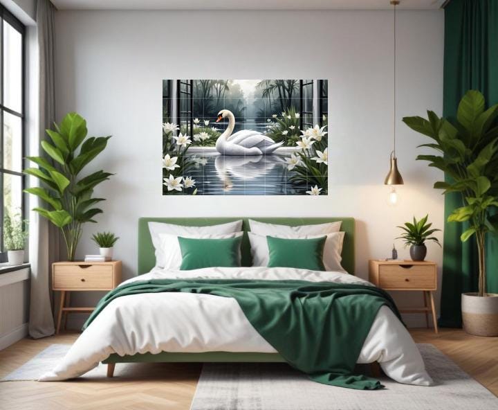 Swan Lake Window View Tile Mural – Bird Floral Wall Art for Bathroom Kitchen Decor