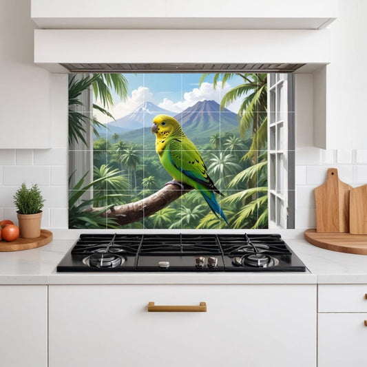 Parakeet Tropical Window Tile Mural, Exotic Bird Jungle View Wall Decor