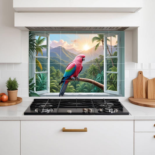 Tropical Parrot Tile Mural – Jungle Sunset Window View Wall Art, Wildlife Backsplash Bathroom Decor