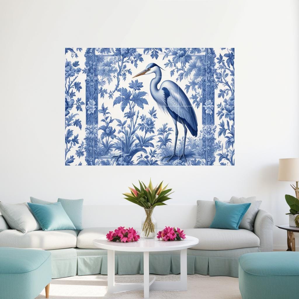 Blue Heron Chinoiserie Tile Mural, Delft Style Botanical Bird Wall Art