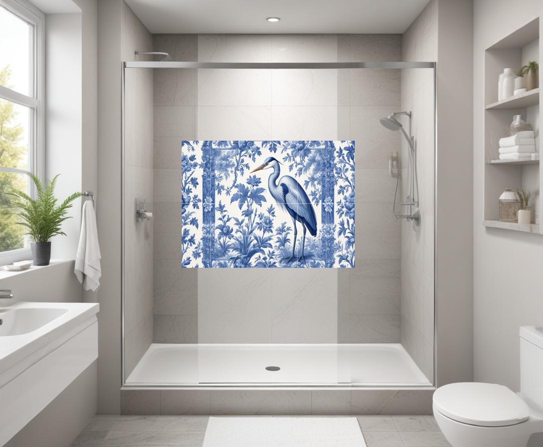 Blue Heron Chinoiserie Tile Mural, Delft Style Botanical Bird Wall Art
