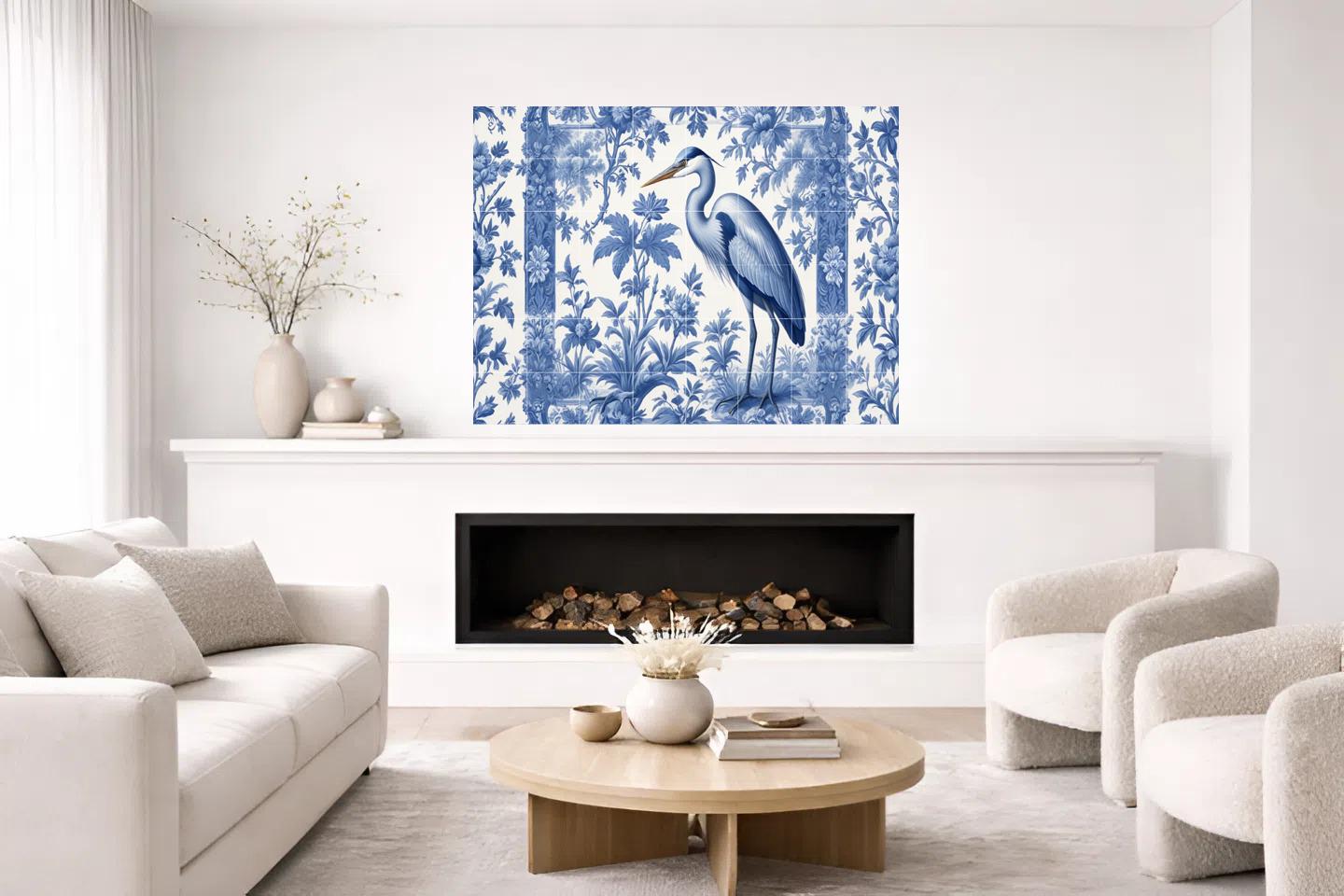 Blue Heron Chinoiserie Tile Mural, Delft Style Botanical Bird Wall Art