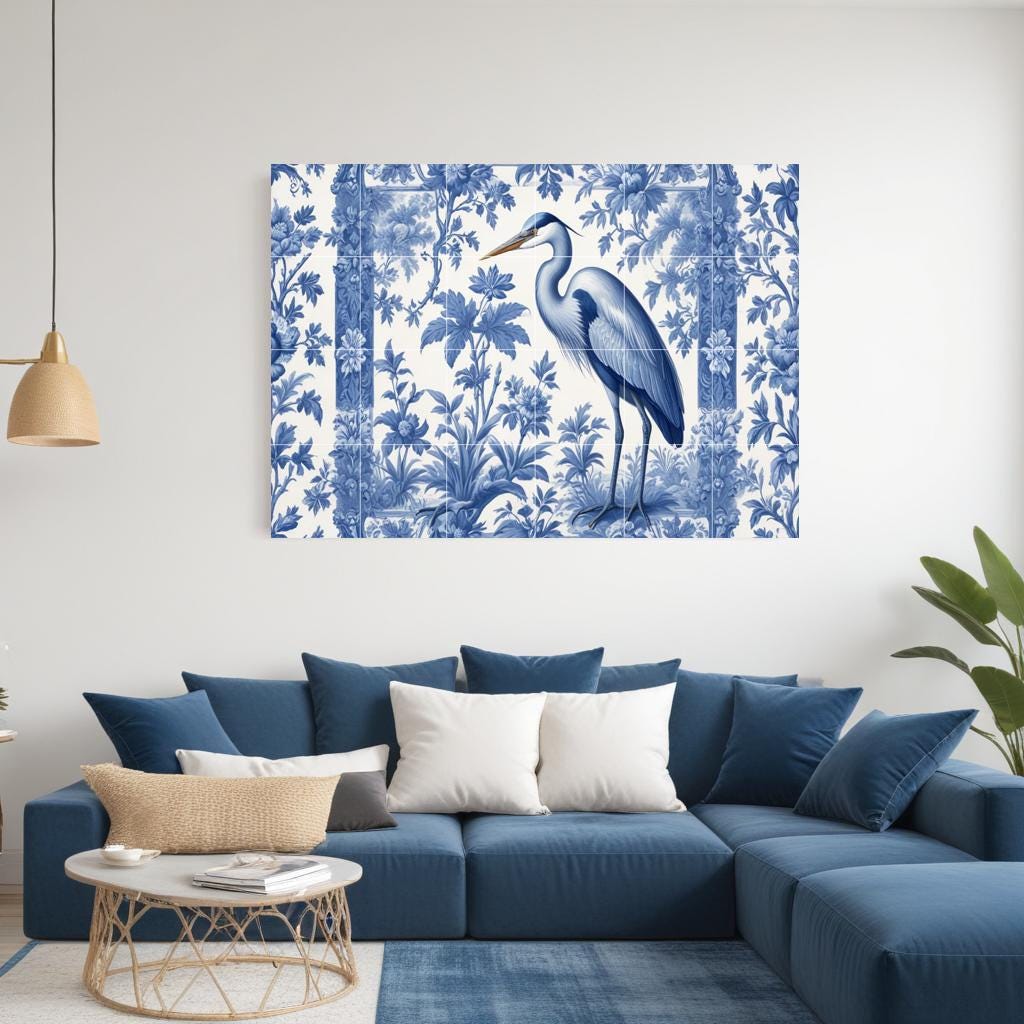 Blue Heron Chinoiserie Tile Mural, Delft Style Botanical Bird Wall Art