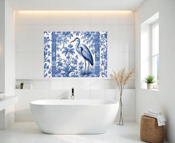 Blue Heron Chinoiserie Tile Mural, Delft Style Botanical Bird Wall Art