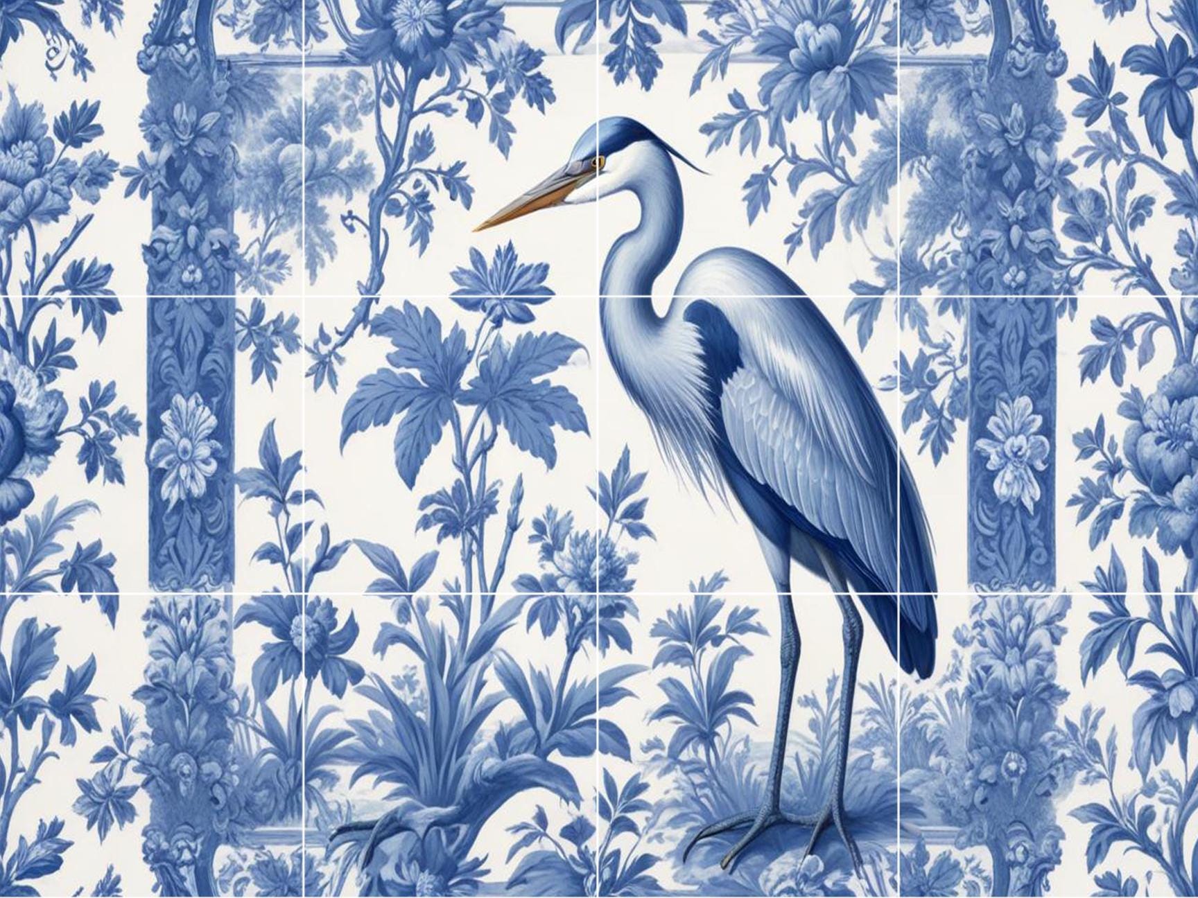 Blue Heron Chinoiserie Tile Mural, Delft Style Botanical Bird Wall Art
