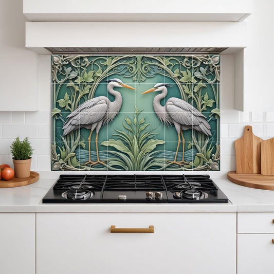 Art Nouveau Heron Tile Mural – Botanical Bird Ceramic Wall Art, Green Kitchen Backsplash