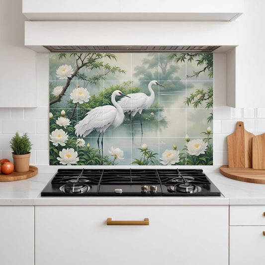White Heron Tile Mural – Botanical Pond Bird Floral Wall Art, Watercolor Wildlife Decor