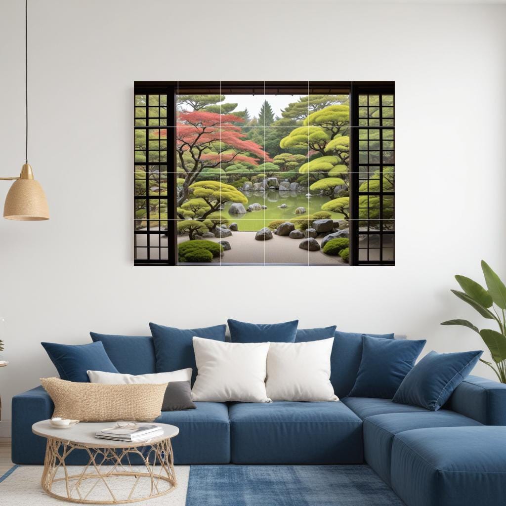 Zen Garden Tile Mural: Japanese Pond Nature Botanical Japan Wall Art
