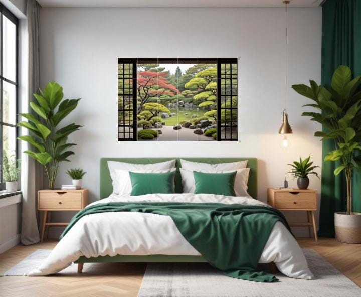 Zen Garden Tile Mural: Japanese Pond Nature Botanical Japan Wall Art