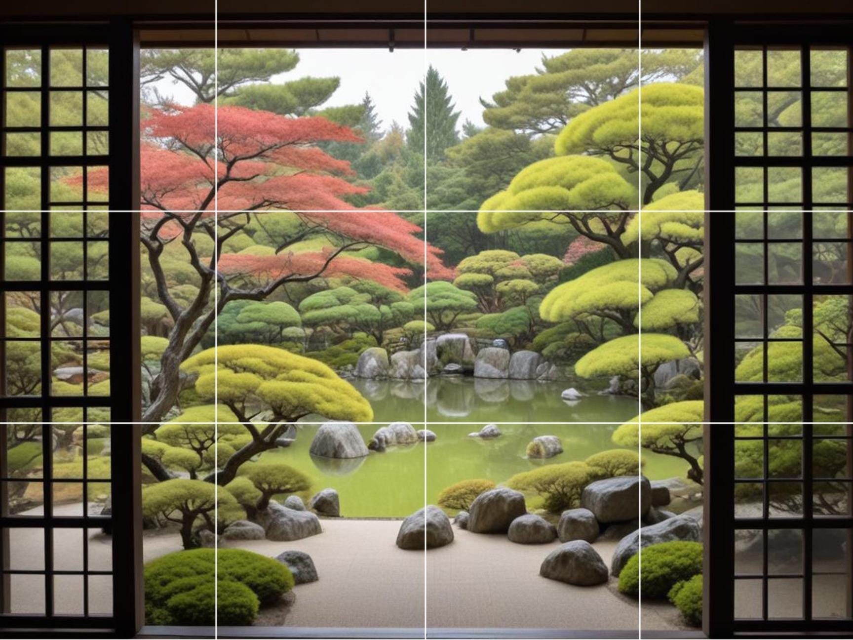 Zen Garden Tile Mural: Japanese Pond Nature Botanical Japan Wall Art