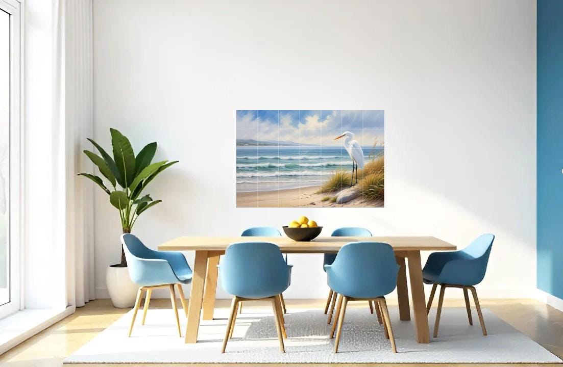 Heron Tile Mural – Coastal Bird Wall Art, Beach House Kitchen Backsplash Bathroom Ocean Decor