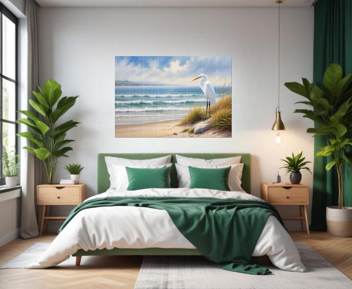 Heron Tile Mural – Coastal Bird Wall Art, Beach House Kitchen Backsplash Bathroom Ocean Decor