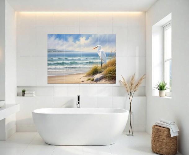 Heron Tile Mural – Coastal Bird Wall Art, Beach House Kitchen Backsplash Bathroom Ocean Decor