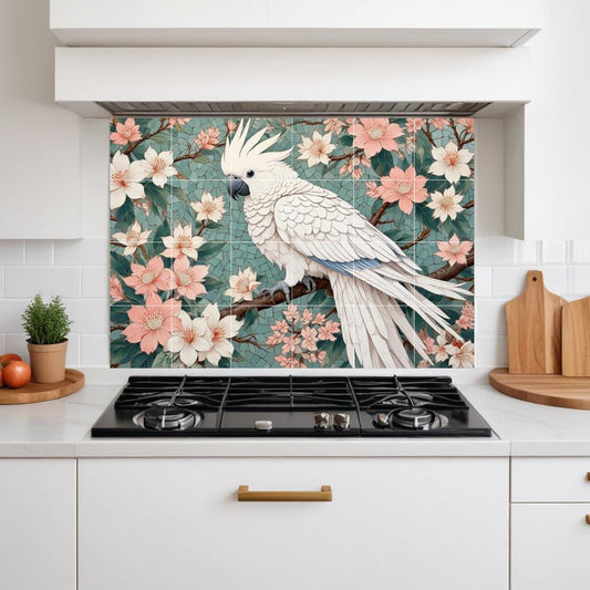 Cockatoo Bird Floral Tile Mural – Botanical Ceramic Wall Art, Kitchen Backsplash Tropical Decor