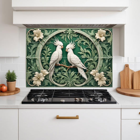 Art Nouveau Cockatoo Tile Mural • Botanical Tropical Bird Ceramic Wall Art