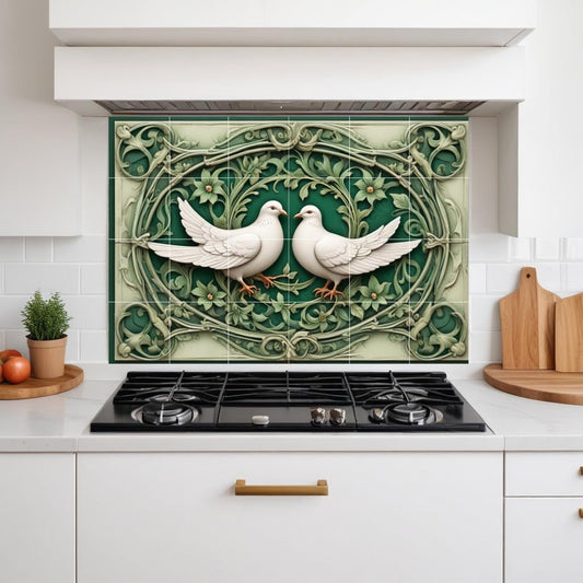 Bird Tile Mural – Art Nouveau Floral Botanical Wall Art Green Kitchen Backsplash Bathroom Decor