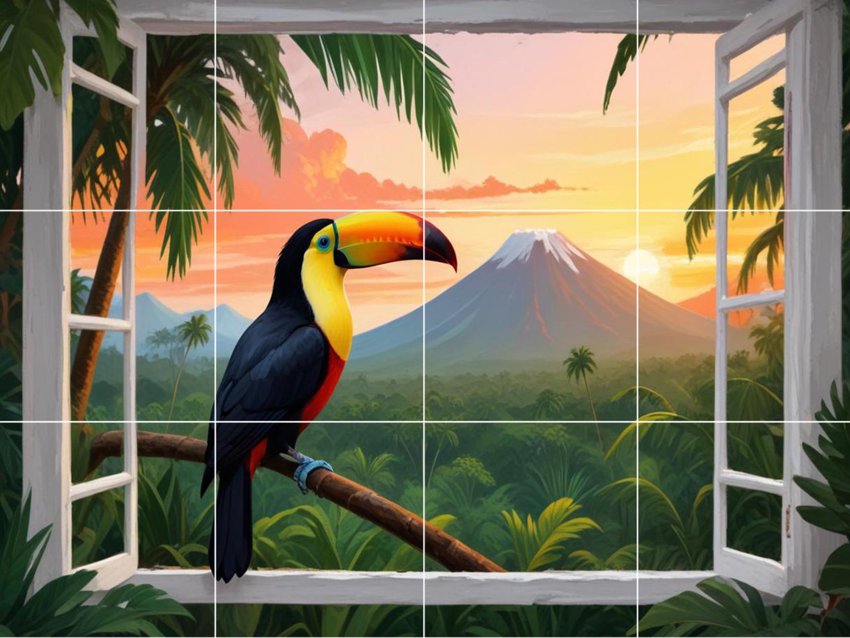 Pelican Bird Tile Mural – Tropical Window View Wall Art Jungle Sunset Kitchen & Bathroom Decor