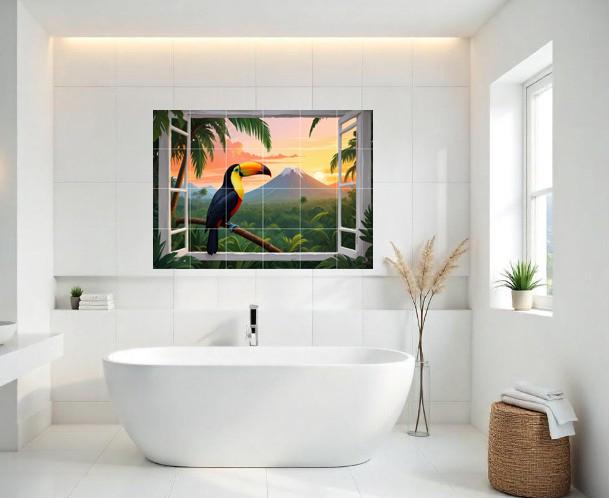 Pelican Bird Tile Mural – Tropical Window View Wall Art Jungle Sunset Kitchen & Bathroom Decor