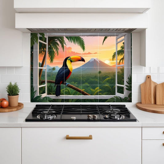Pelican Bird Tile Mural – Tropical Window View Wall Art Jungle Sunset Kitchen & Bathroom Decor