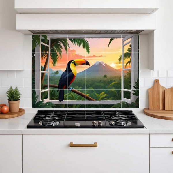 Pelican Bird Tile Mural – Tropical Window View Wall Art Jungle Sunset Kitchen & Bathroom Decor