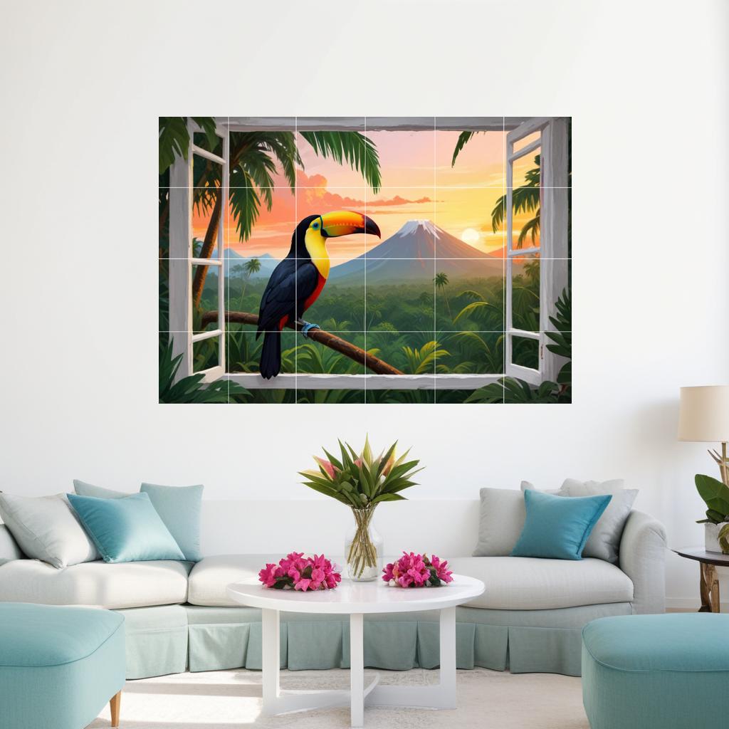 Pelican Bird Tile Mural – Tropical Window View Wall Art Jungle Sunset Kitchen & Bathroom Decor