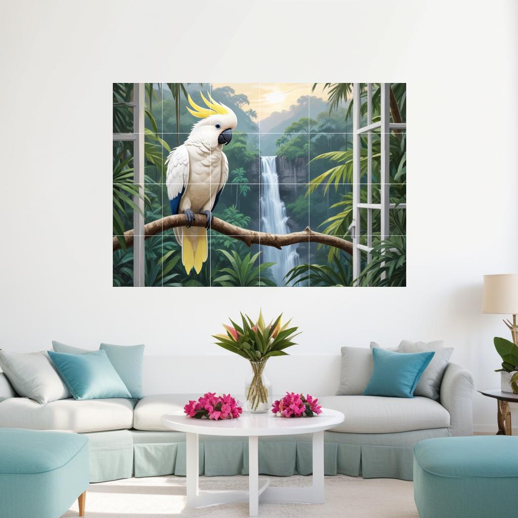 Tropical Parrot Bird Tile Mural – Jungle Waterfall Window View Wall Art