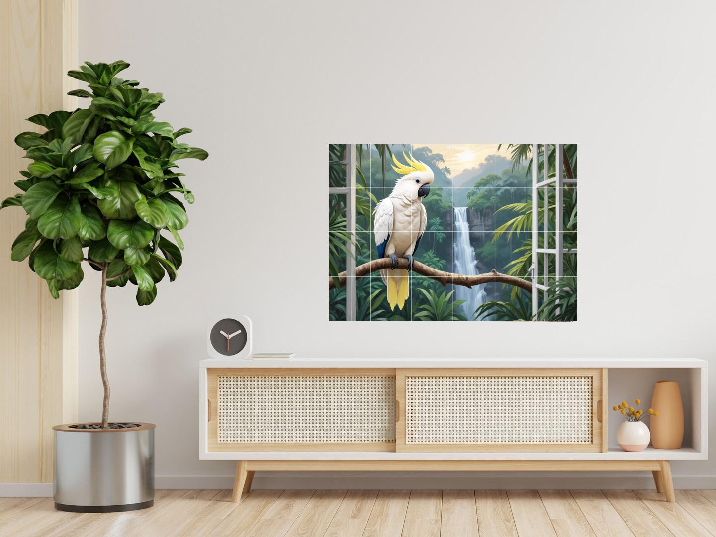 Tropical Parrot Bird Tile Mural – Jungle Waterfall Window View Wall Art