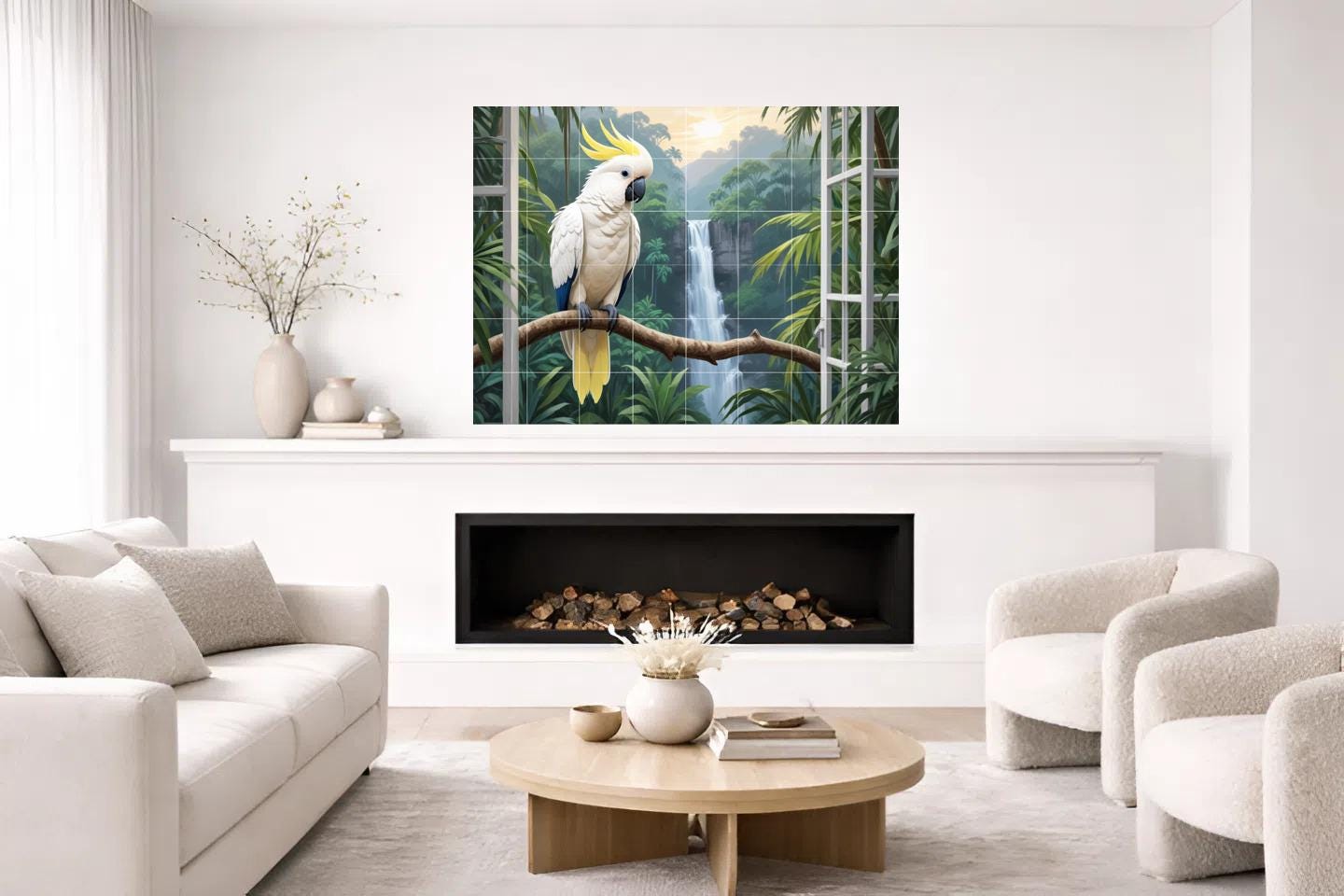 Tropical Parrot Bird Tile Mural – Jungle Waterfall Window View Wall Art