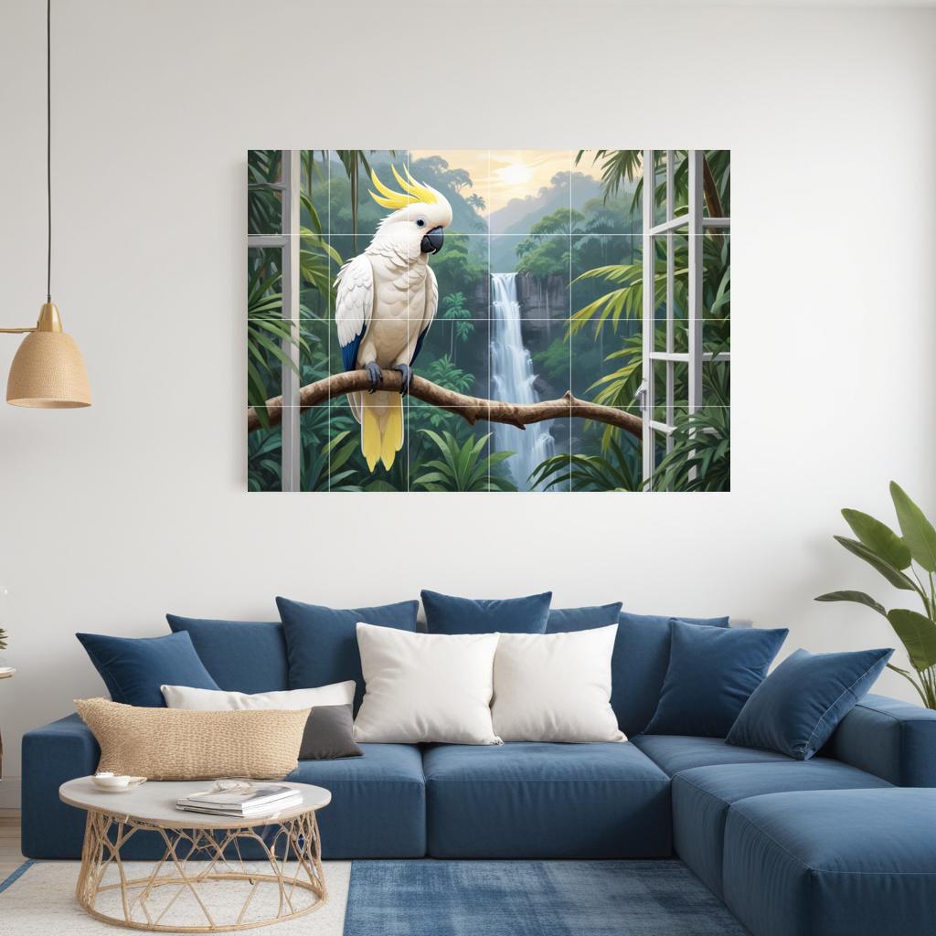Tropical Parrot Bird Tile Mural – Jungle Waterfall Window View Wall Art