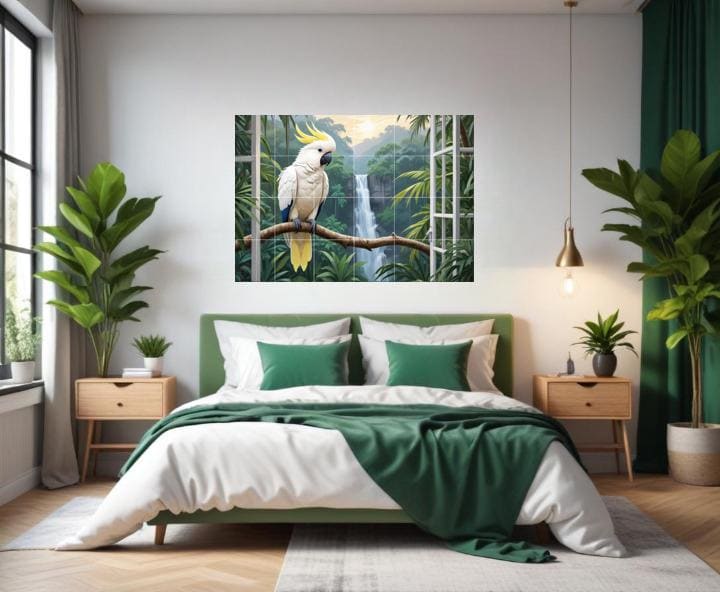 Tropical Parrot Bird Tile Mural – Jungle Waterfall Window View Wall Art