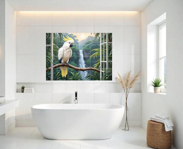Tropical Parrot Bird Tile Mural – Jungle Waterfall Window View Wall Art