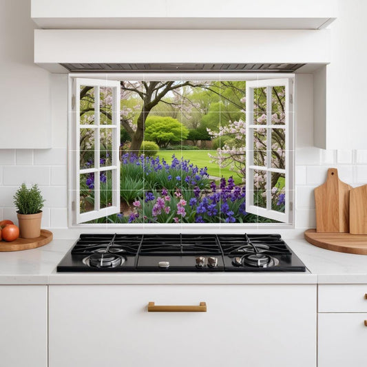 Flower Tile Mural Window View – Garden Floral Wall Art Botanical Kitchen Backsplash Bathroom Decor