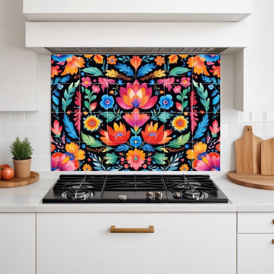 Mexican Floral Tile Mural – Colorful Talavera Folk Art Ceramic Flower Botanical Wall Art