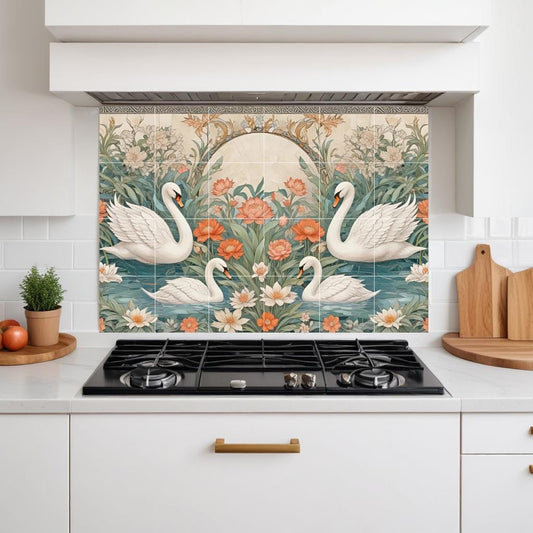 Swan Tile Mural – Art Nouveau Floral Ceramic Wall Art, Botanical Bird Decor