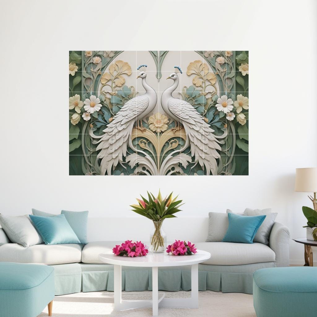 Peacock Tile Mural – Art Nouveau Floral Ceramic Wall Art, Botanical Bird Decor