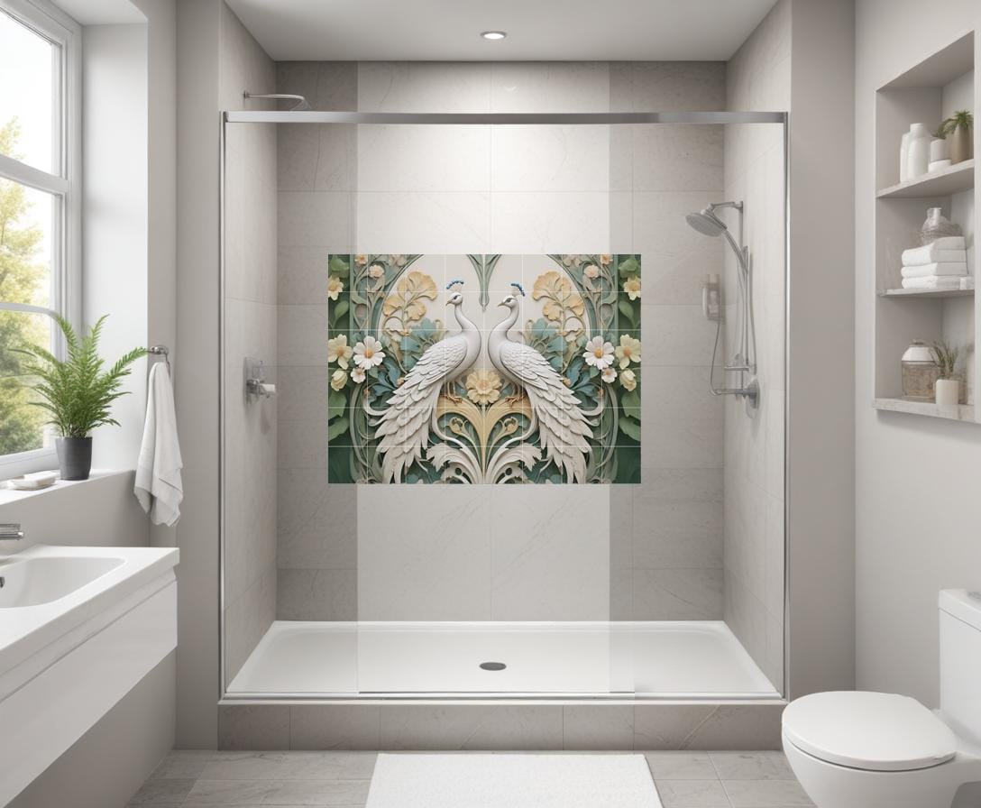 Peacock Tile Mural – Art Nouveau Floral Ceramic Wall Art, Botanical Bird Decor