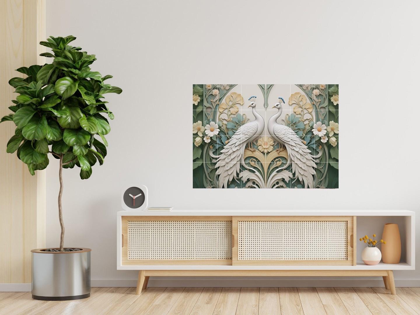 Peacock Tile Mural – Art Nouveau Floral Ceramic Wall Art, Botanical Bird Decor
