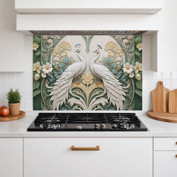 Peacock Tile Mural – Art Nouveau Floral Ceramic Wall Art, Botanical Bird Decor