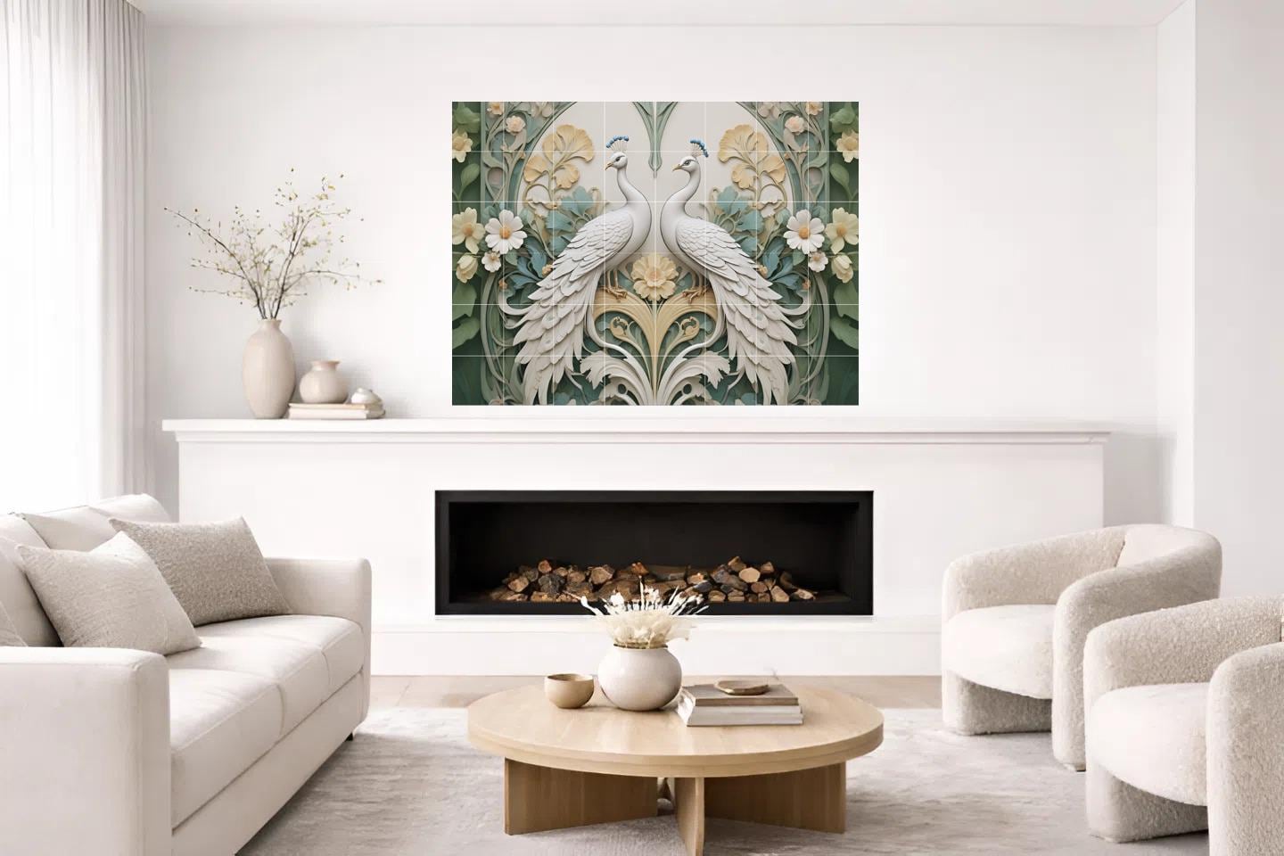 Peacock Tile Mural – Art Nouveau Floral Ceramic Wall Art, Botanical Bird Decor
