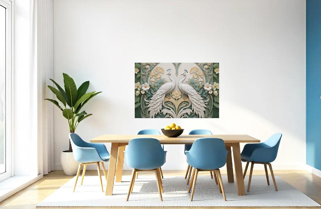 Peacock Tile Mural – Art Nouveau Floral Ceramic Wall Art, Botanical Bird Decor