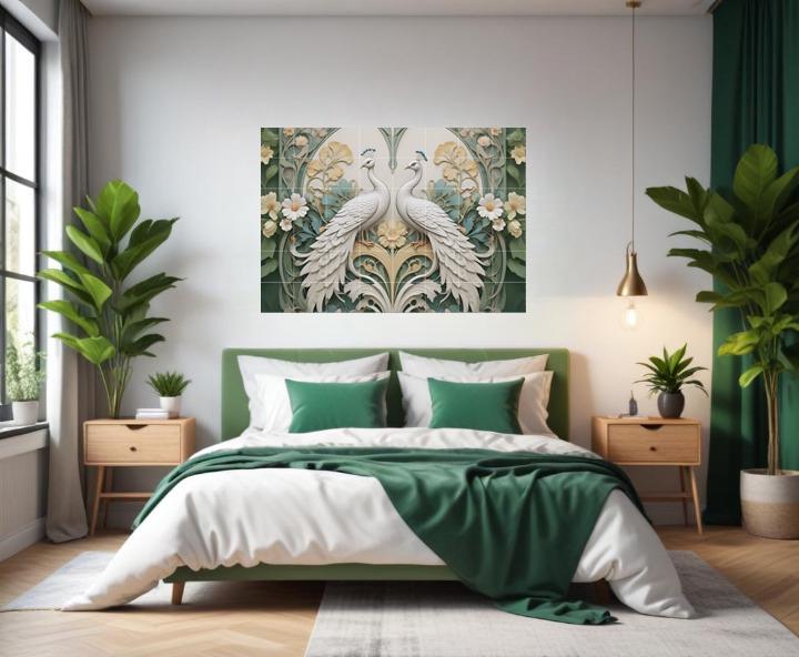 Peacock Tile Mural – Art Nouveau Floral Ceramic Wall Art, Botanical Bird Decor