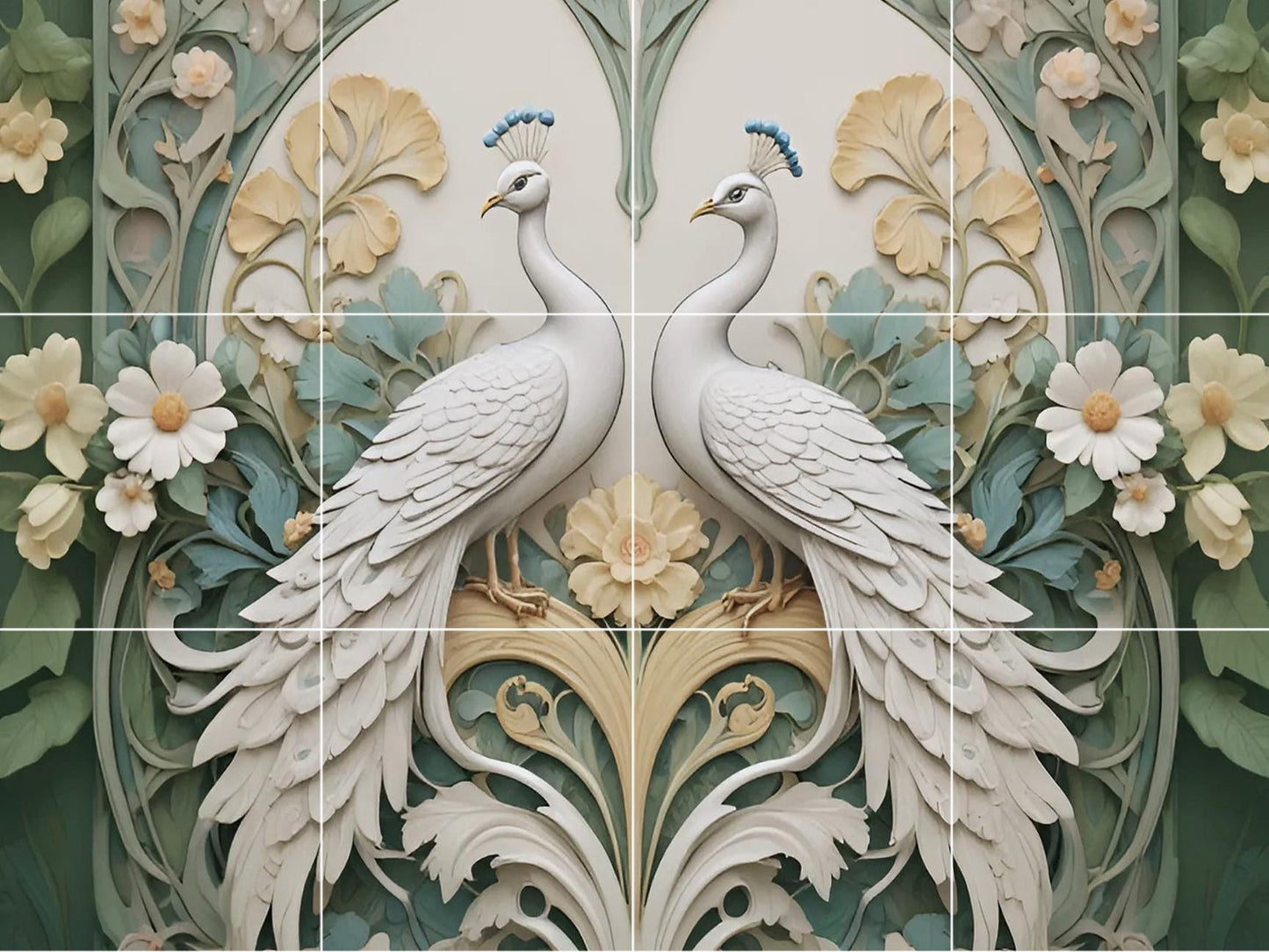 Peacock Tile Mural – Art Nouveau Floral Ceramic Wall Art, Botanical Bird Decor