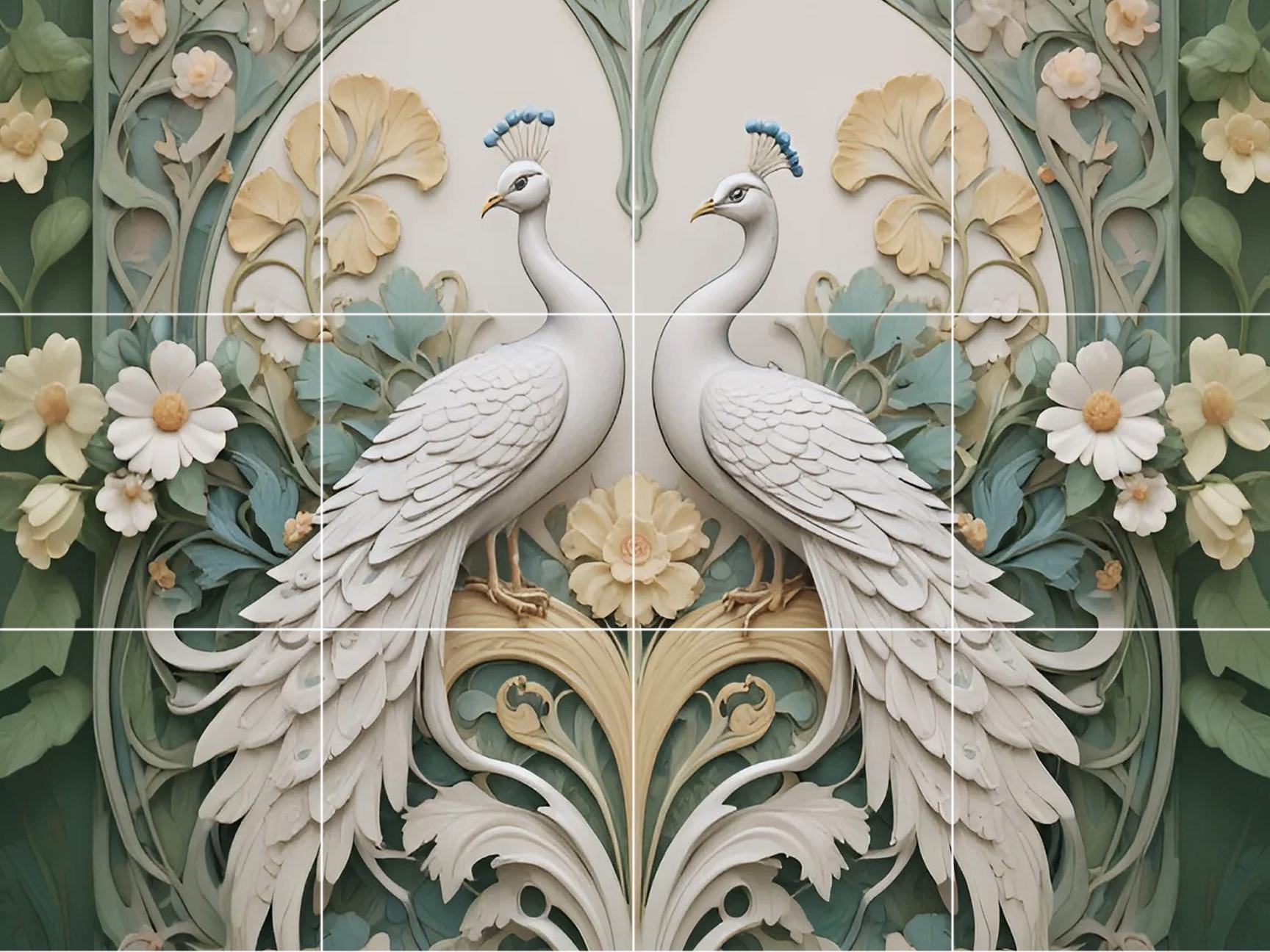 Peacock Tile Mural – Art Nouveau Floral Ceramic Wall Art, Botanical Bird Decor