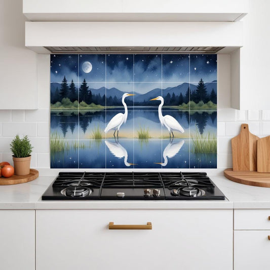 Heron Tile Mural – Watercolor Bird Wall Art, Kitchen Backsplash, Elegant Wildlife Bathroom Decor