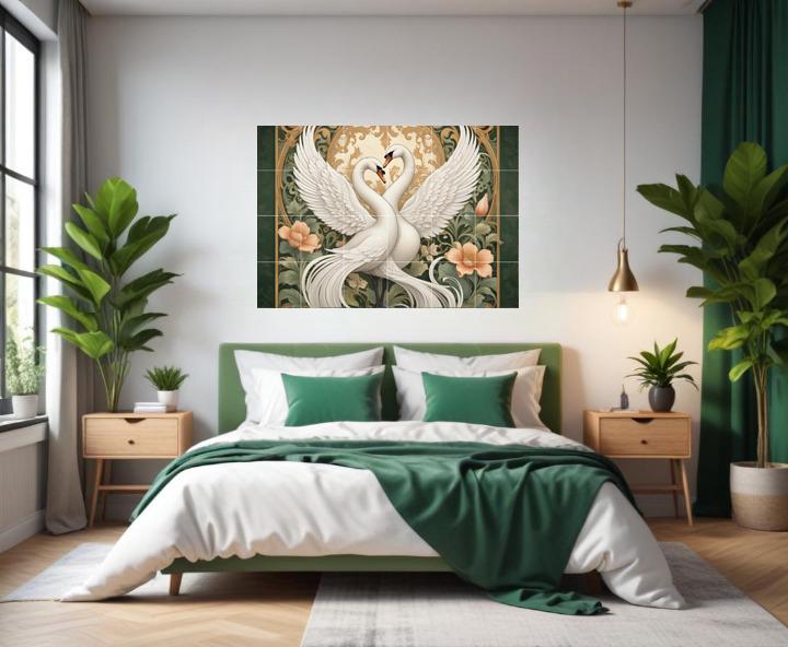 Art Nouveau Swan Bird Tile Mural – Floral Ceramic Kitchen Backsplash Elegant Bathroom Decor