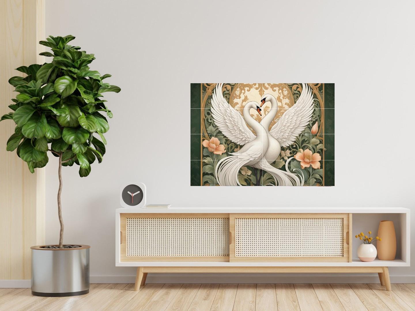 Art Nouveau Swan Bird Tile Mural – Floral Ceramic Kitchen Backsplash Elegant Bathroom Decor