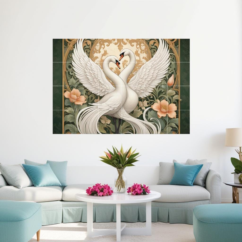 Art Nouveau Swan Bird Tile Mural – Floral Ceramic Kitchen Backsplash Elegant Bathroom Decor