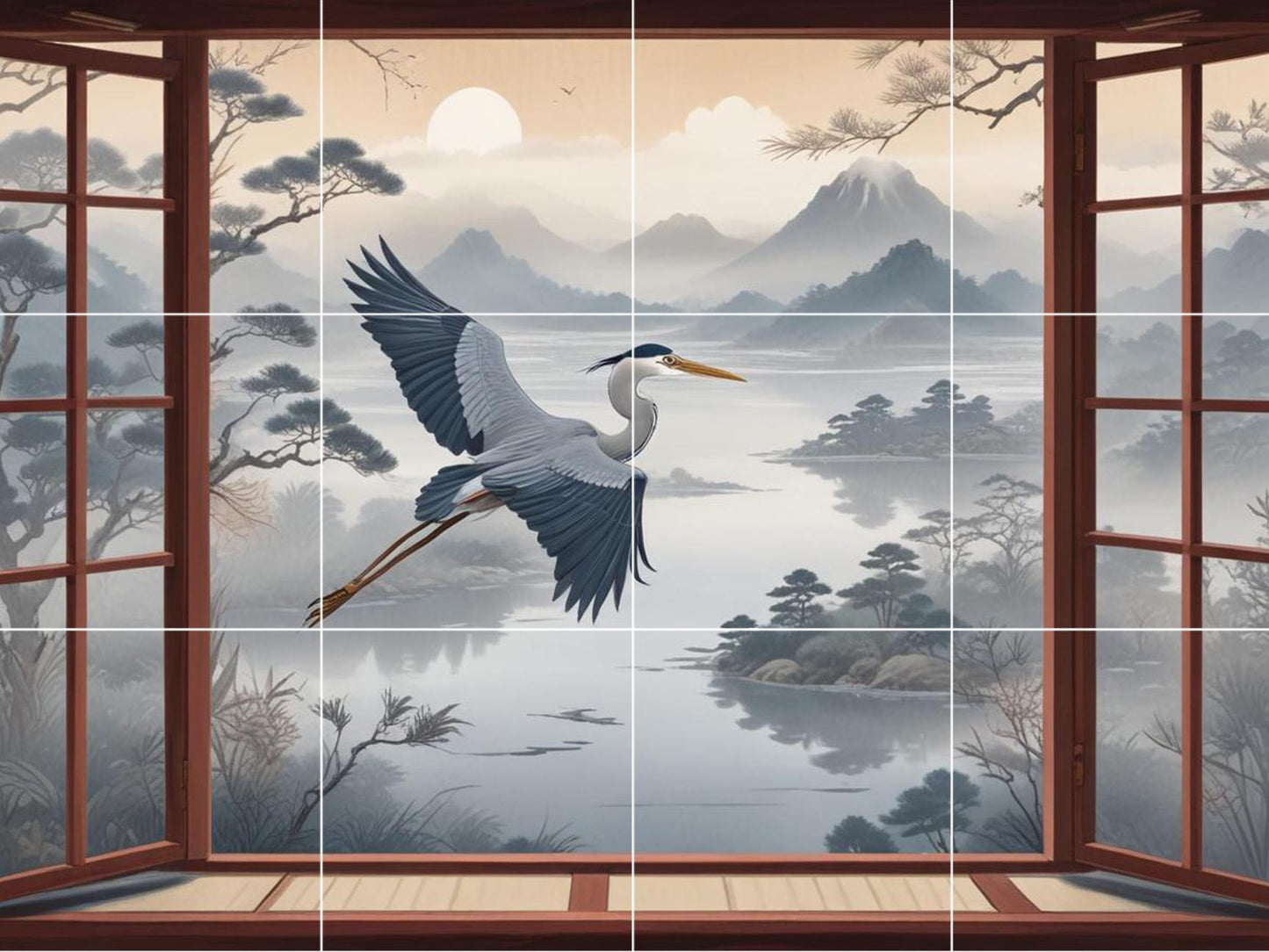 Heron Bird Tile Mural – Japanese Oriental Landscape Window View, Misty Mountain Lake Sunset Art