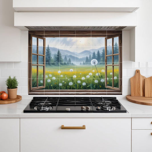 Misty Forest Window Tile Mural – Dandelion Meadow Landscape Botanical Wall Art