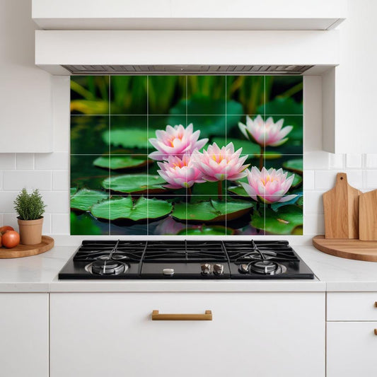 Pink Water Lily Lotus Tile Mural – Botanical Flower Ceramic Floral Bathroom Kitchen Wall Art